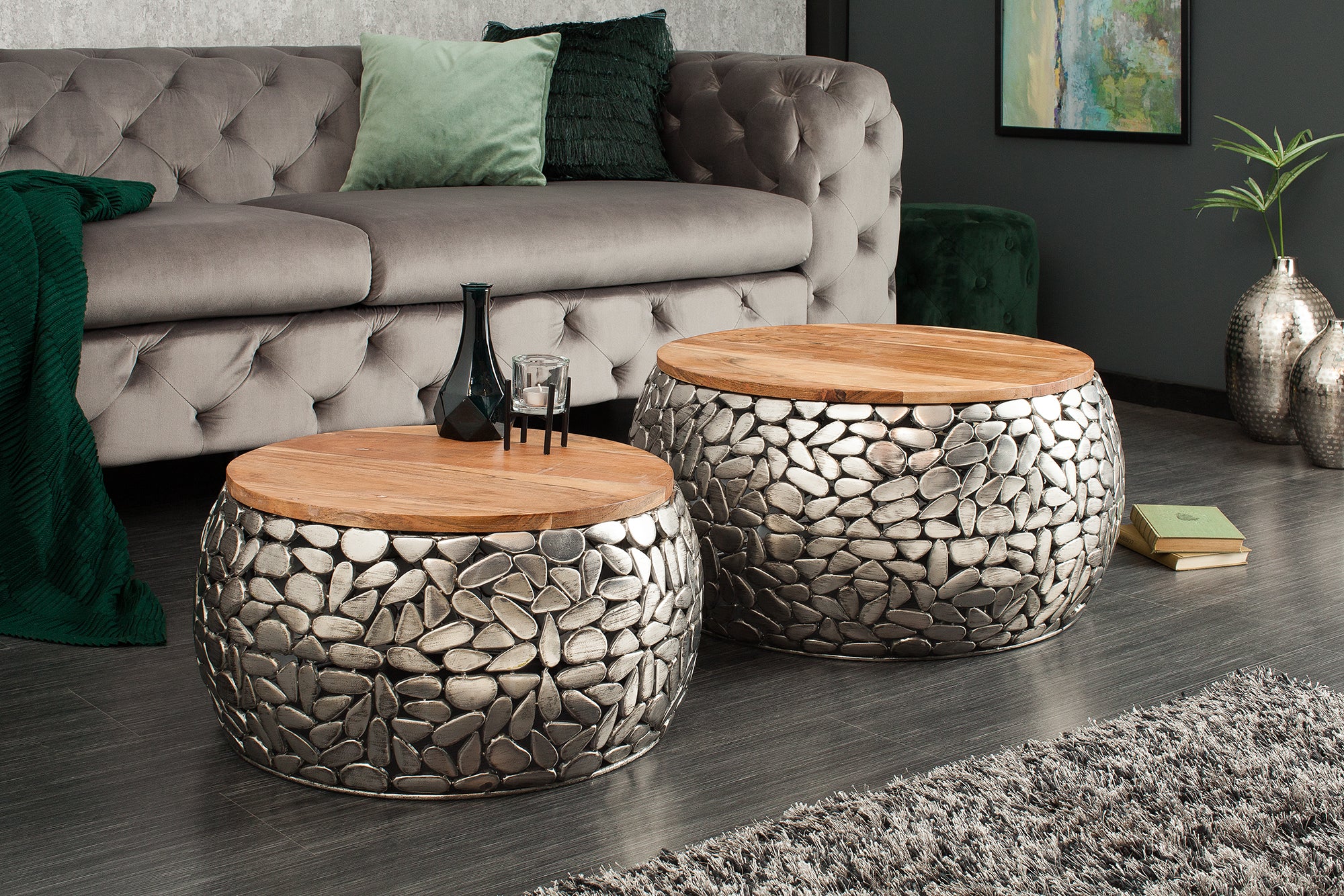 Set Of 2 Nesting Coffe Tables Stone Mosaic Metal Silver