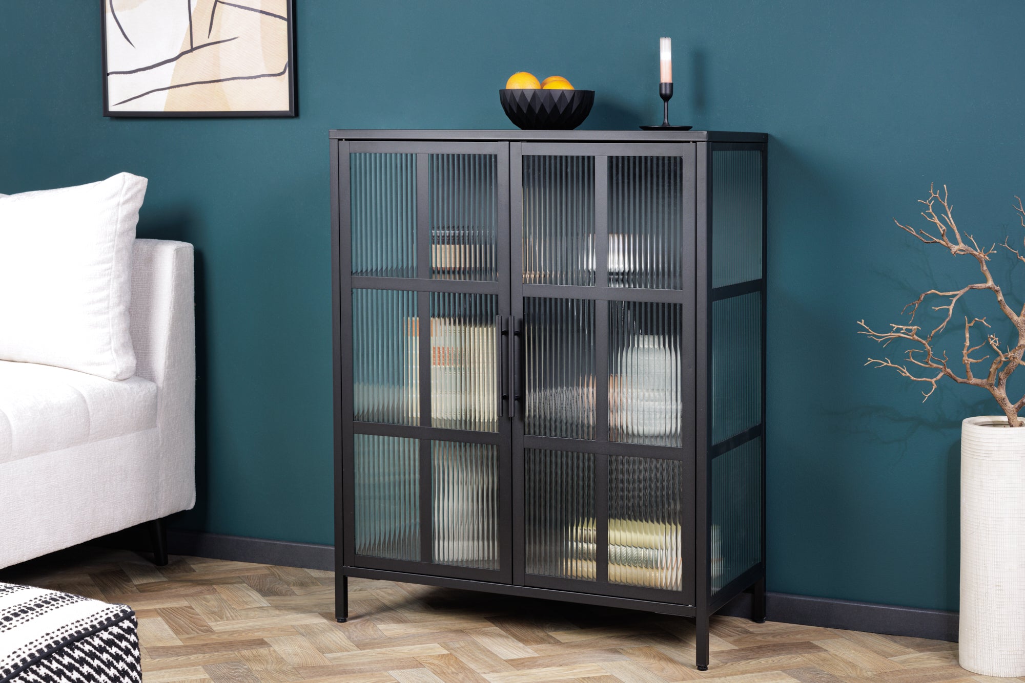 Cabinet Dura Steel 102cm Ribbed Glass Black