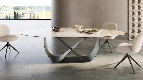 Elegant ceramic dining table with durable top and stylish modern design.