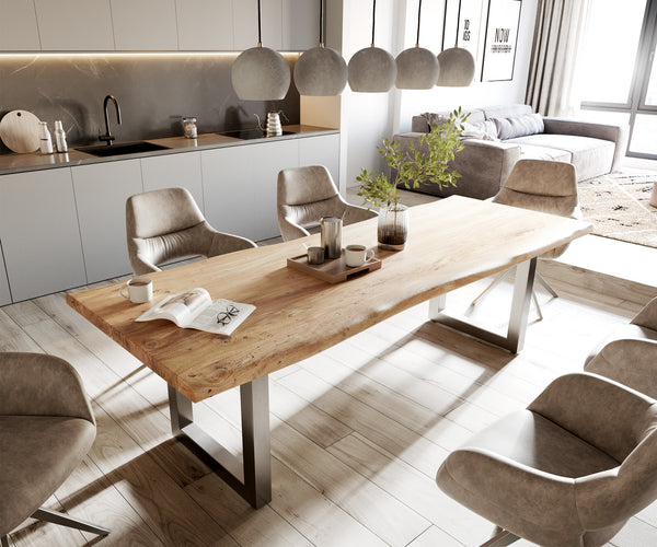 Dining Table Olympus Live Edge 260cm Acacia Wood Natural Square Frame Steel 55mm Top