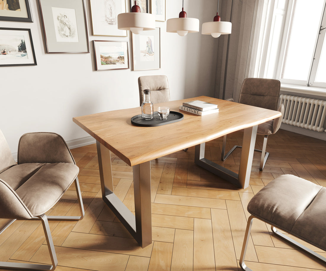 Dining Table Olympus Live Edge 140cm Acacia Wood Natural Square Frame Steel 35mm Top