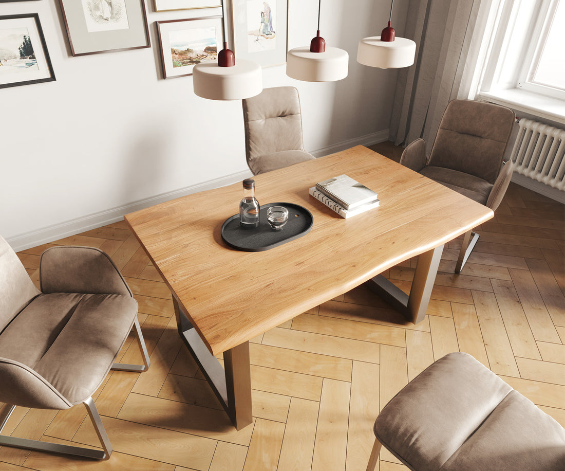 Dining Table Olympus Live Edge 140cm Acacia Wood Natural Square Frame Steel 35mm Top