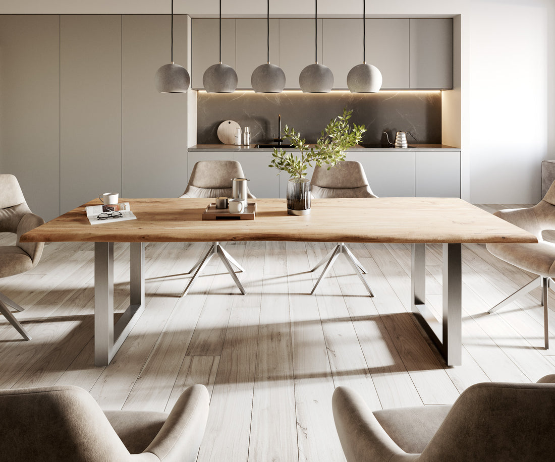 Dining Table Olympus Live Edge 260cm Acacia Wood Natural Square Frame Steel 35mm Top