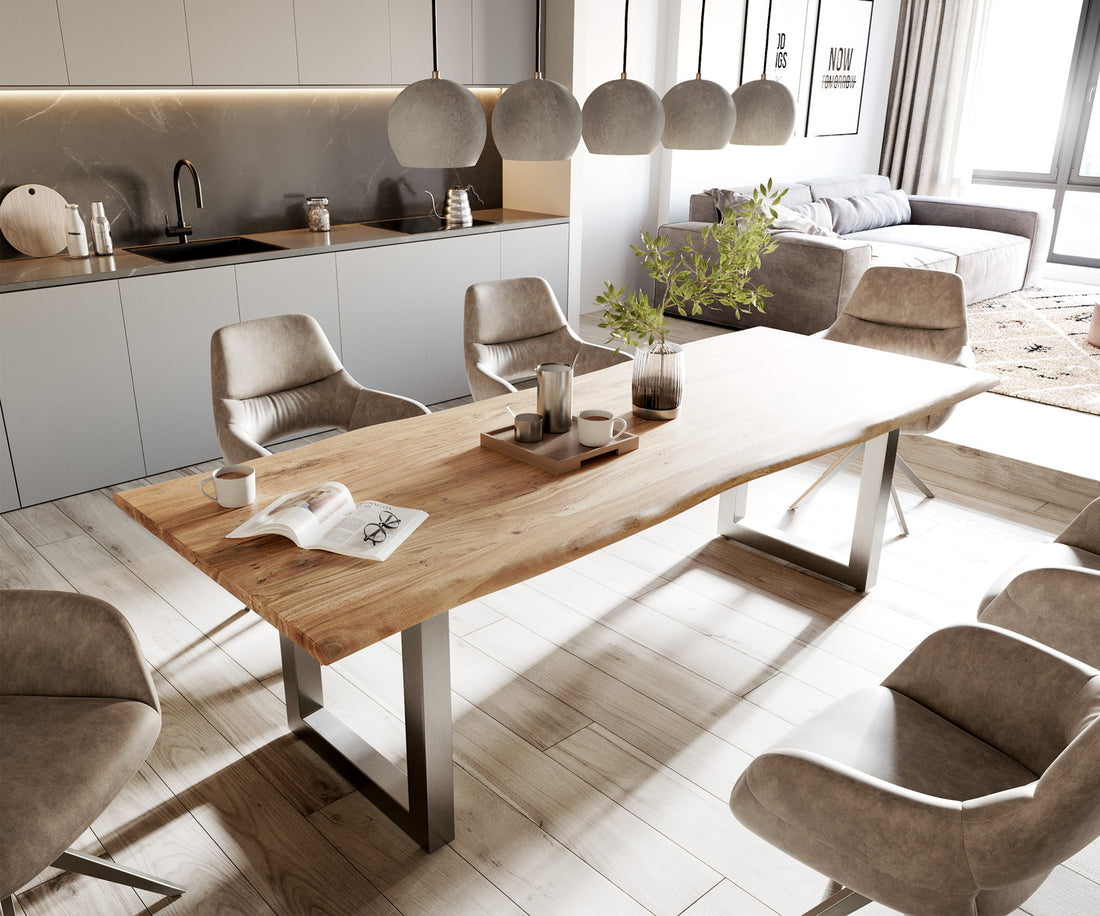 Dining Table Olympus Live Edge 260cm Acacia Wood Natural Square Frame Steel 35mm Top