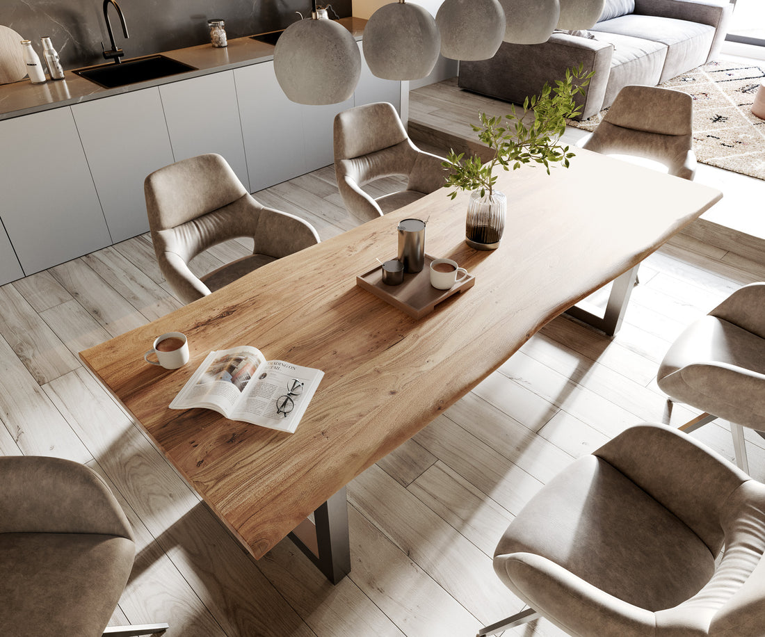 Dining Table Olympus Live Edge 260cm Acacia Wood Natural Square Frame Steel 35mm Top