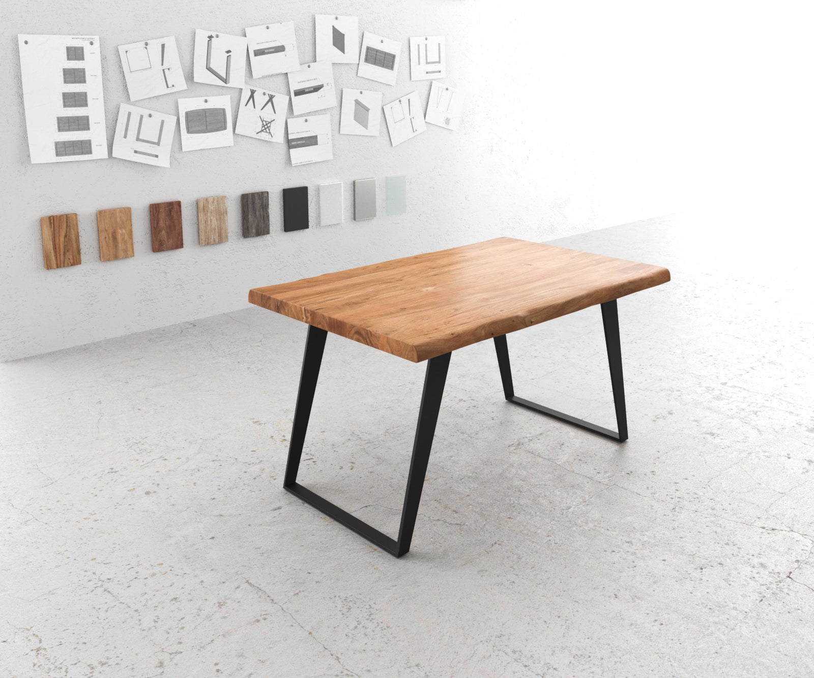 Dining Table Olympus Live Edge 140cm Acacia Wood Natural Slanted Frame Black 55mm Top