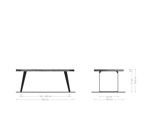 Dining Table Olympus Live Edge 200cm Acacia Wood Natural Slanted Frame Black 55mm Top