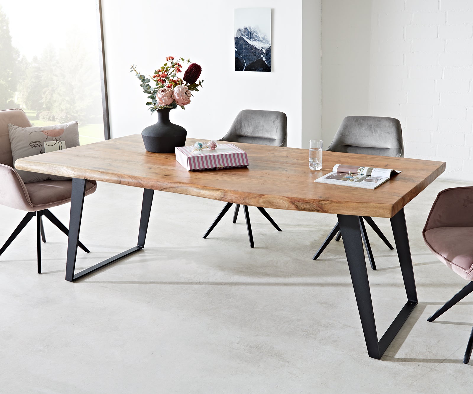 Dining Table Olympus Live Edge 200cm Acacia Wood Natural Slanted Frame Black 55mm Top