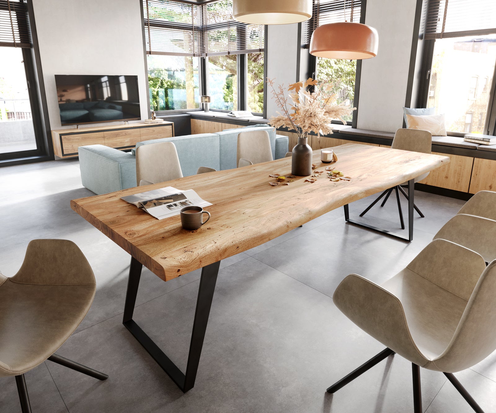 Dining Table Olympus Live Edge 260cm Acacia Wood Natural Slanted Frame Black 55mm Top