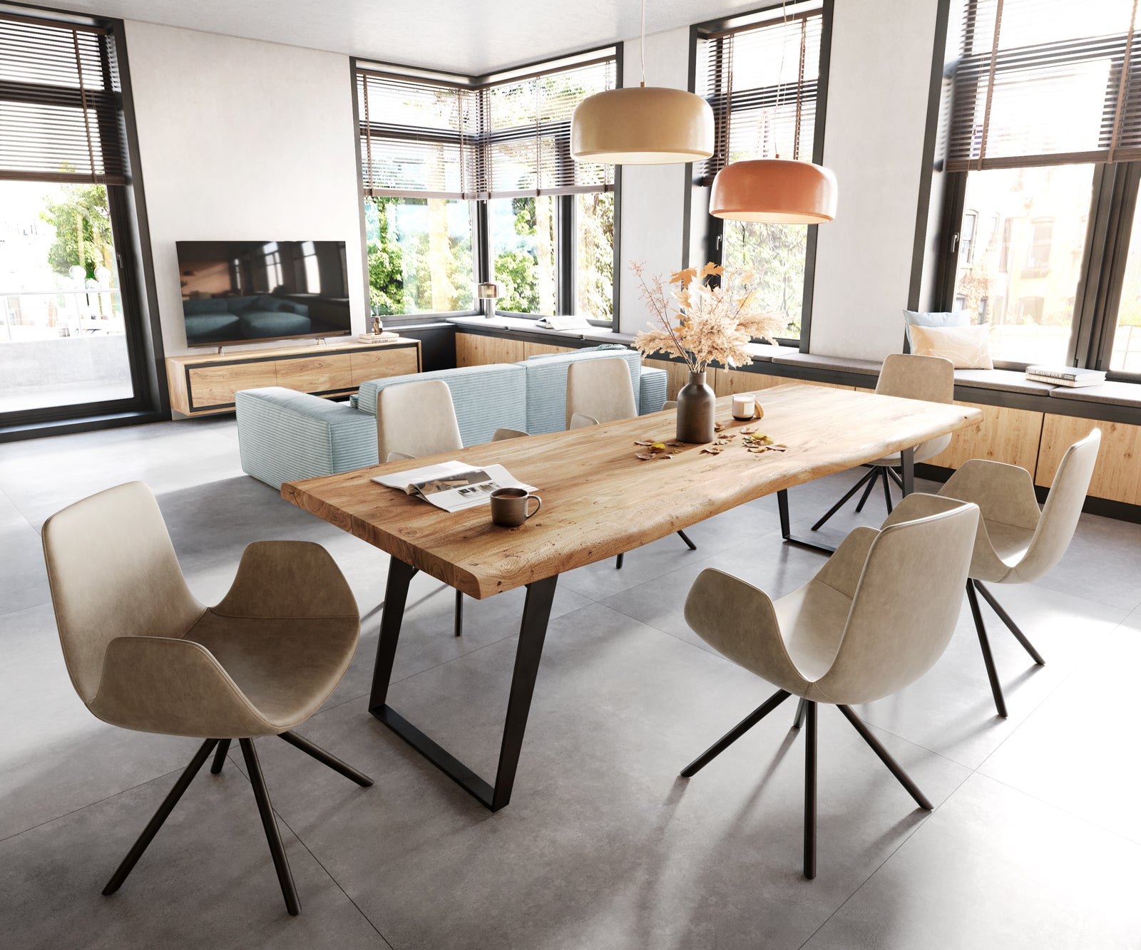 Dining Table Olympus Live Edge 260cm Acacia Wood Natural Slanted Frame Black 55mm Top