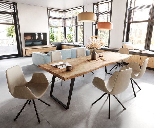 Dining Table Olympus Live Edge 260cm Acacia Wood Natural Slanted Frame Black 55mm Top