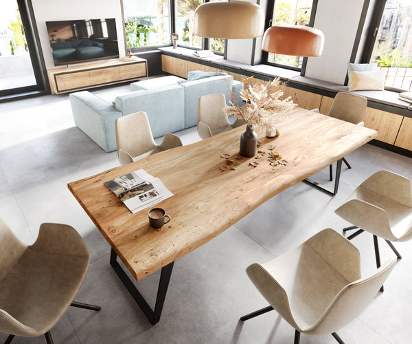 Dining Table Olympus Live Edge 260cm Acacia Wood Natural Slanted Frame Black 55mm Top
