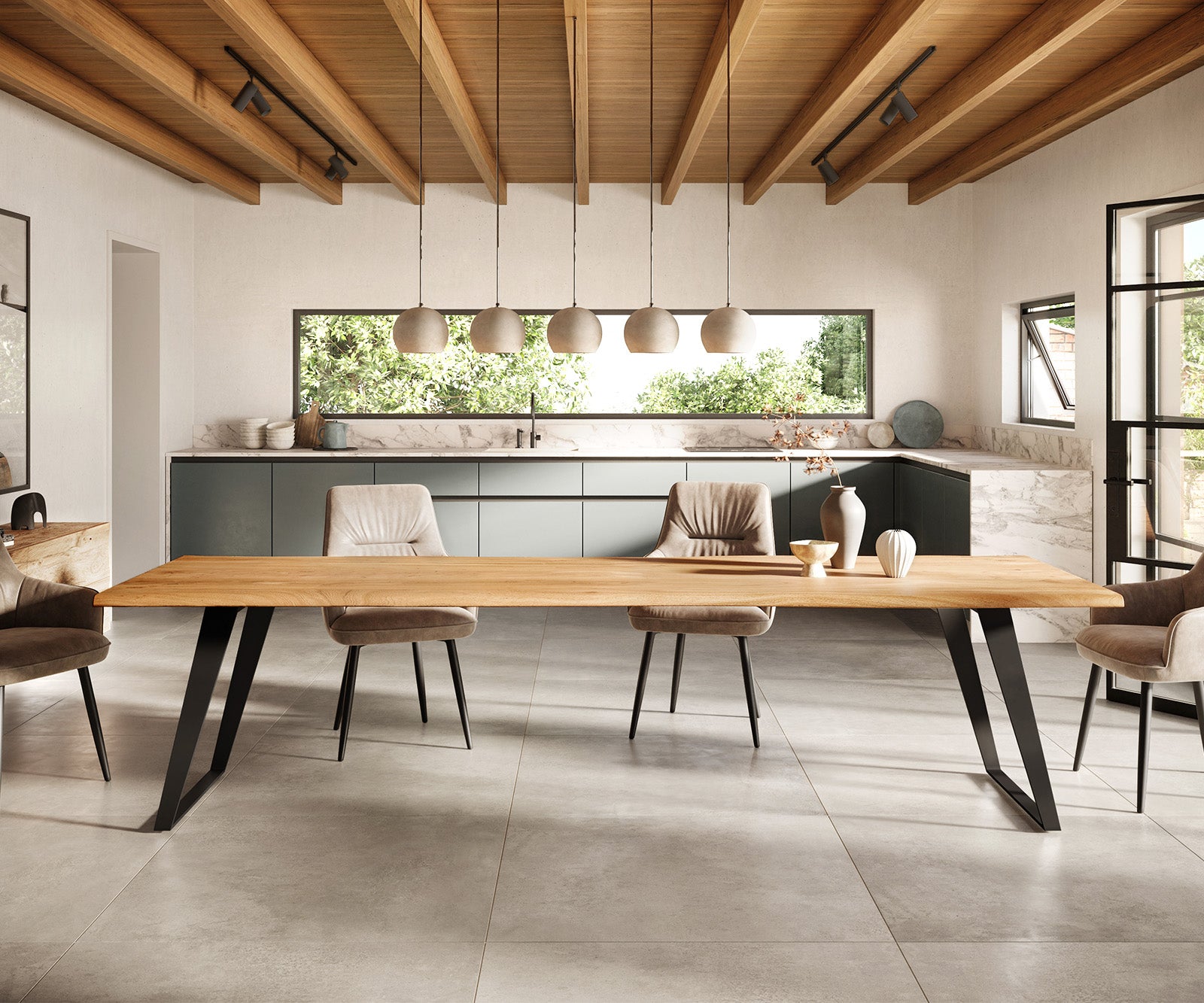 Dining Table Olympus Live Edge 300cm Acacia Wood Natural Slanted Frame Black 55mm Top