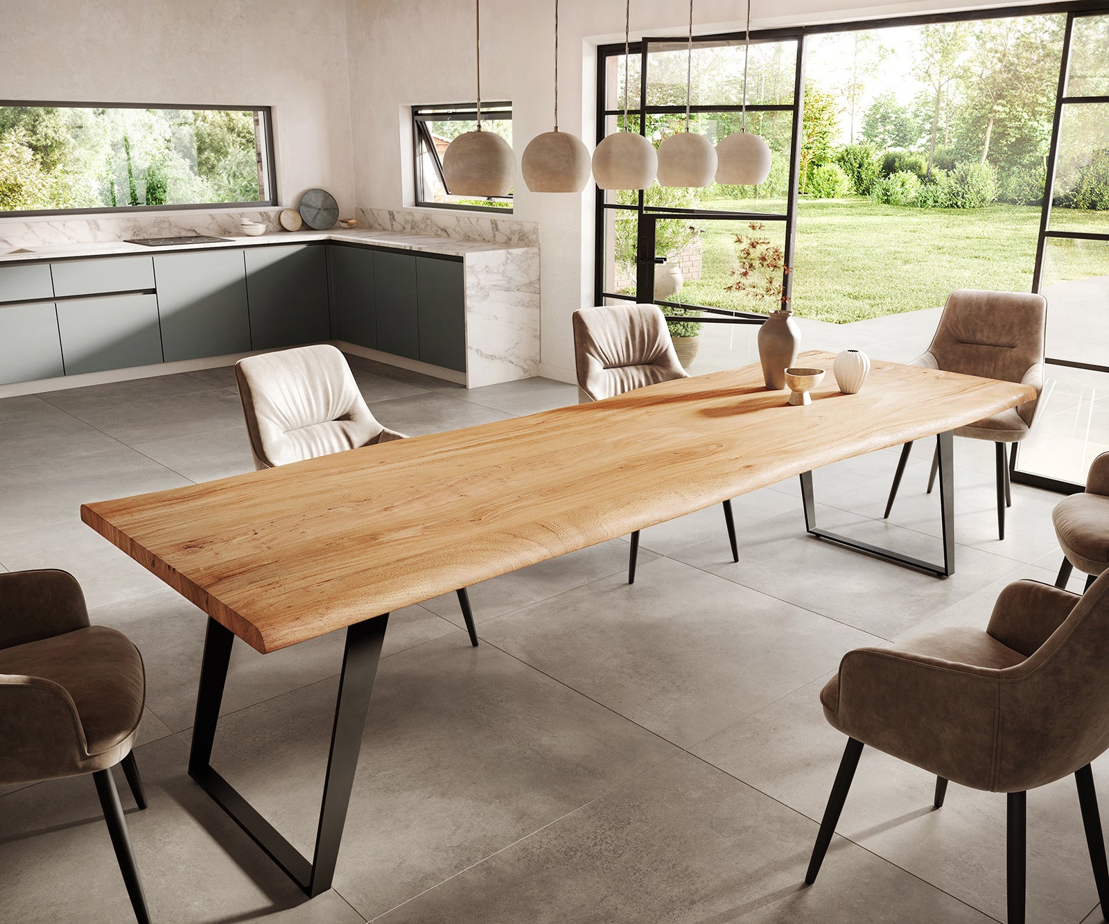 Dining Table Olympus Live Edge 300cm Acacia Wood Natural Slanted Frame Black 55mm Top