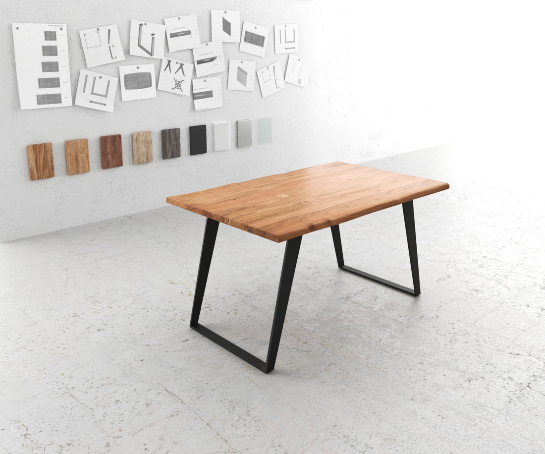 Dining Table Olympus Live Edge 140cm Acacia Wood Natural Slanted Frame Black 35mm Top