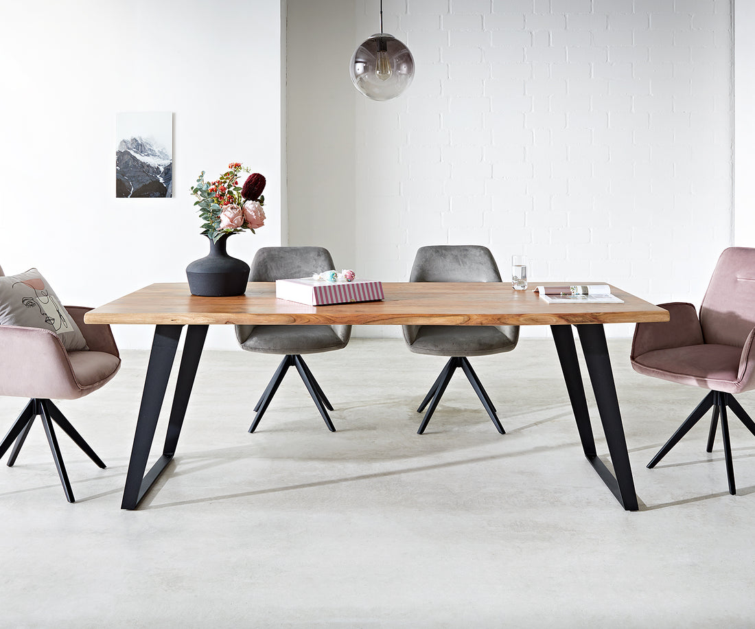 Dining Table Olympus Live Edge 200cm Acacia Wood Natural Slanted Frame Black 35mm Top