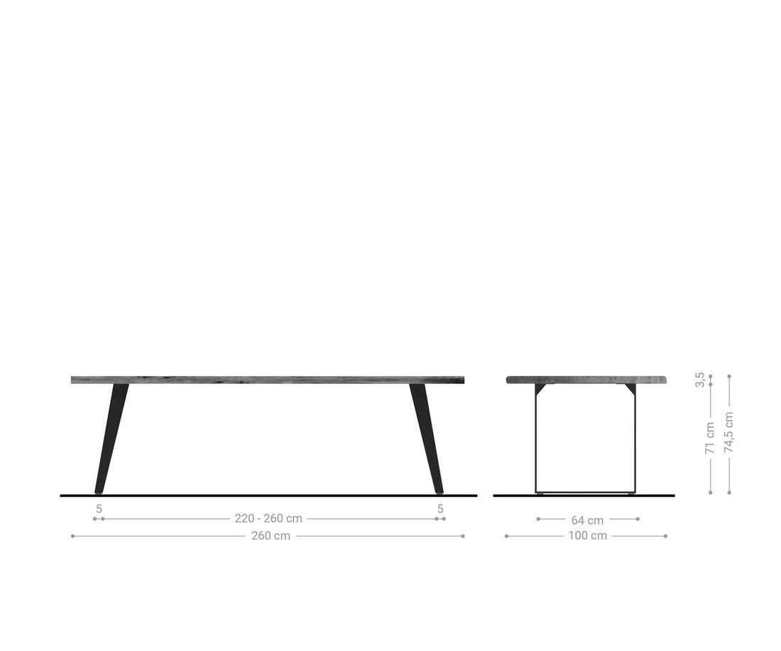 Dining Table Olympus Live Edge 260cm Acacia Wood Natural Slanted Frame Black 35mm Top