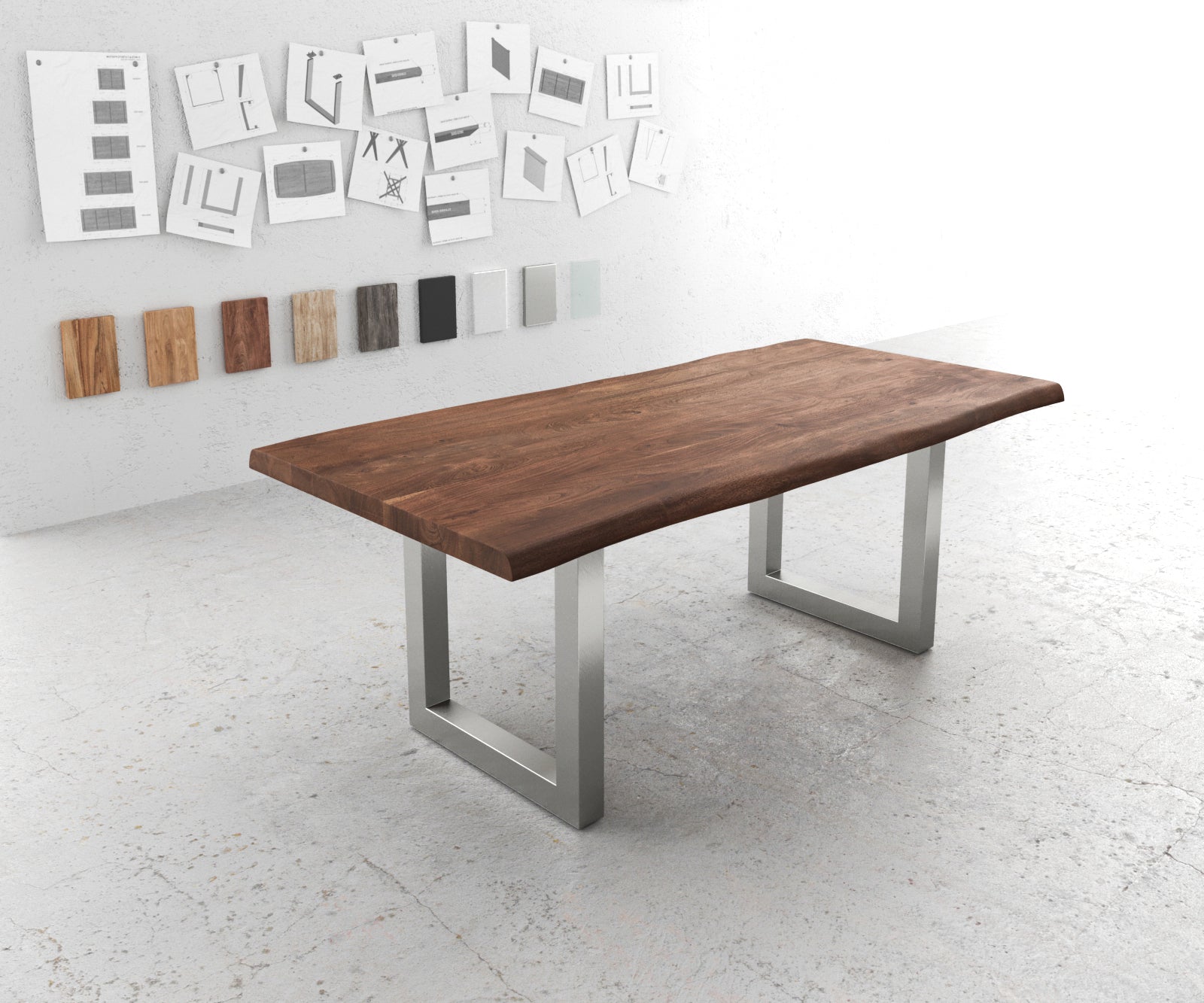 Dining Table Olympus Live Edge Acacia Wood Brown Square Frame Steel 140-300cm