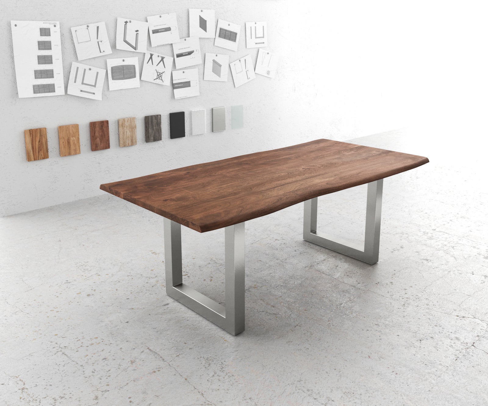 Dining Table Olympus Live Edge Acacia Wood Brown Square Frame Steel 140-300cm