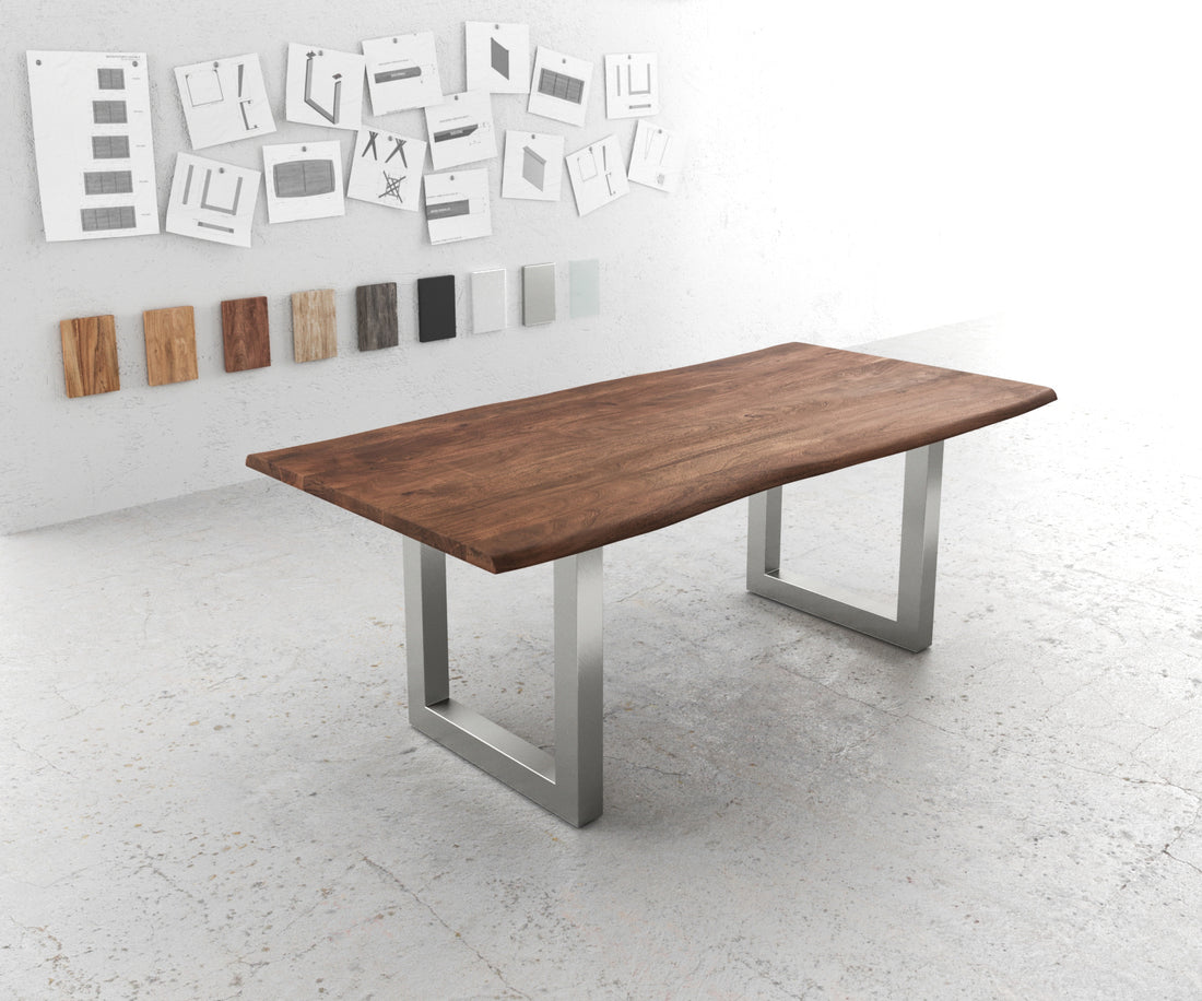 Dining Table Olympus Live Edge 200cm Acacia Wood Brown Square Frame Steel 35mm Top