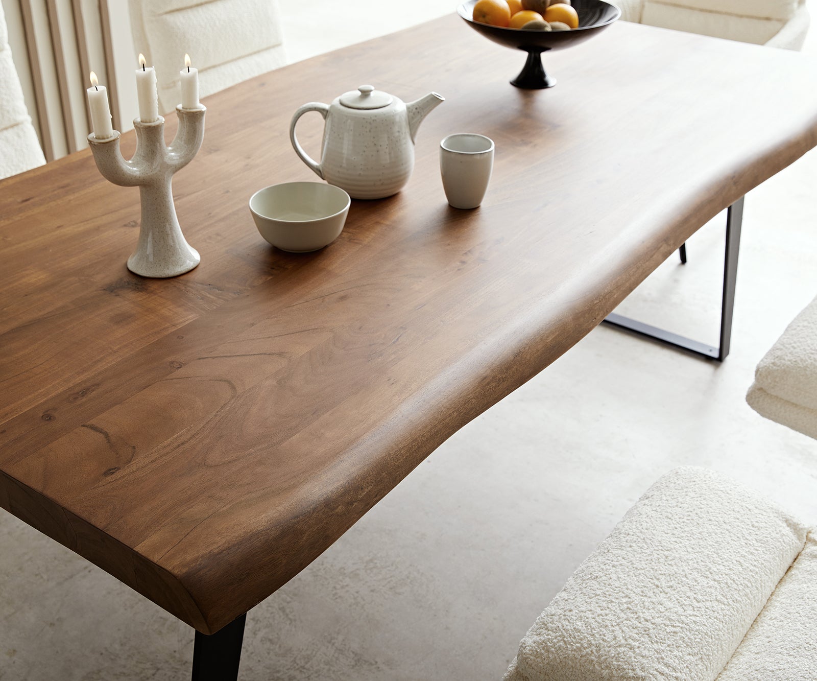 Dining Table Olympus Live Edge 200cm Acacia Wood Brown Slanted Frame Black 55mm Top