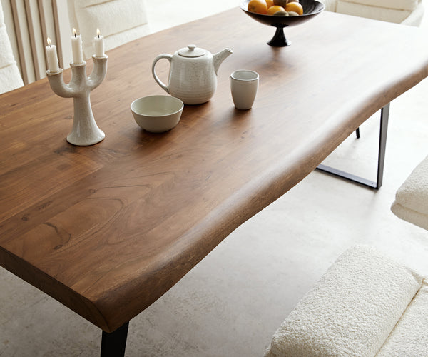 Dining Table Olympus Live Edge 200cm Acacia Wood Brown Slanted Frame Black 55mm Top