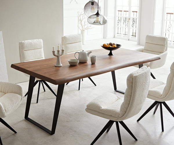 Dining Table Olympus Live Edge 200cm Acacia Wood Brown Slanted Frame Black 55mm Top