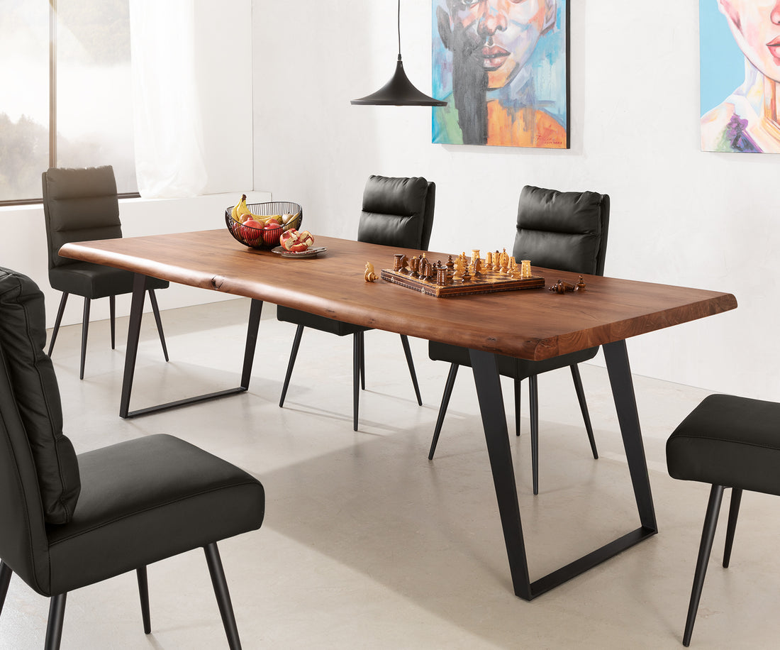 Dining Table Olympus Live Edge 260cm Acacia Wood Brown Slanted Frame Black 55mm Top
