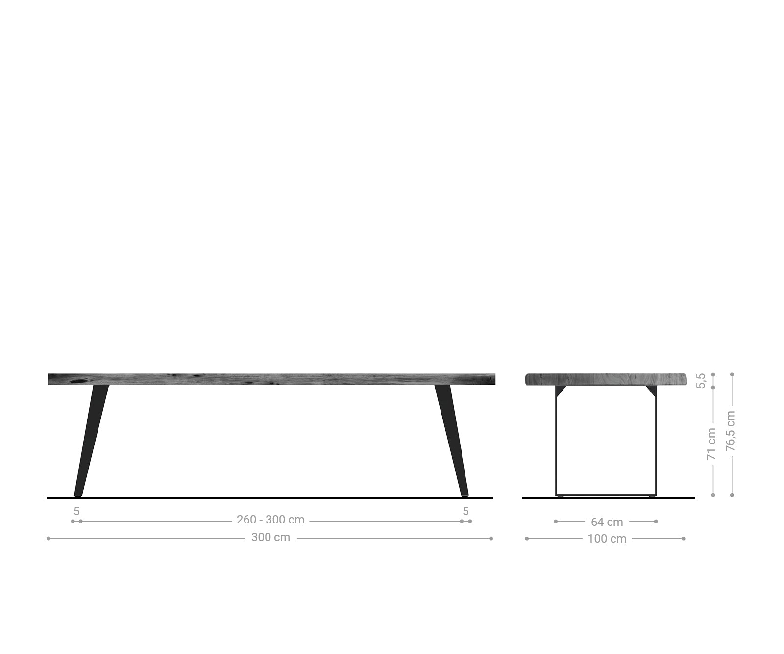 Dining Table Olympus Live Edge 300cm Acacia Wood Brown Slanted Frame Black 55mm Top