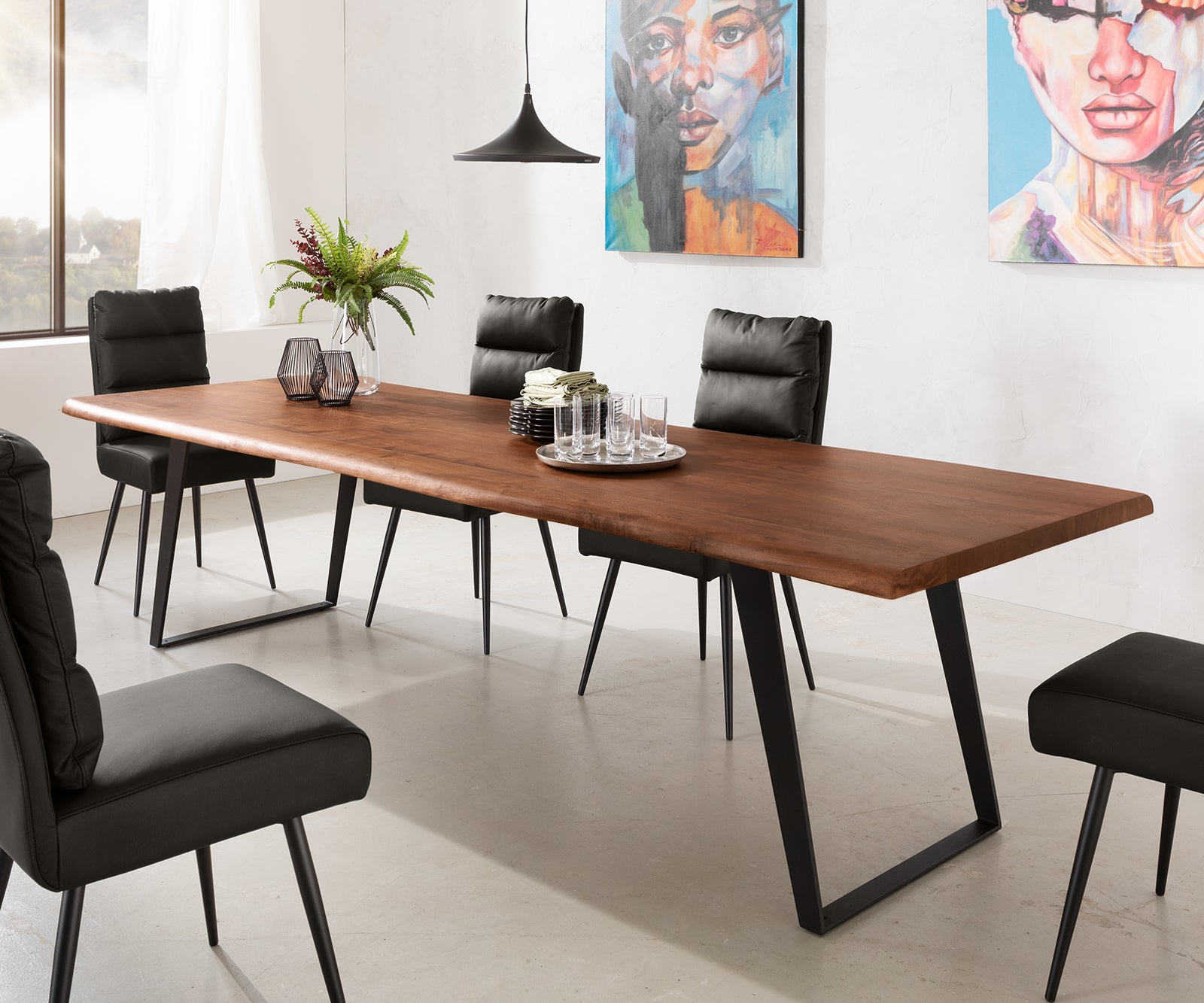 Dining Table Olympus Live Edge 300cm Acacia Wood Brown Slanted Frame Black 55mm Top