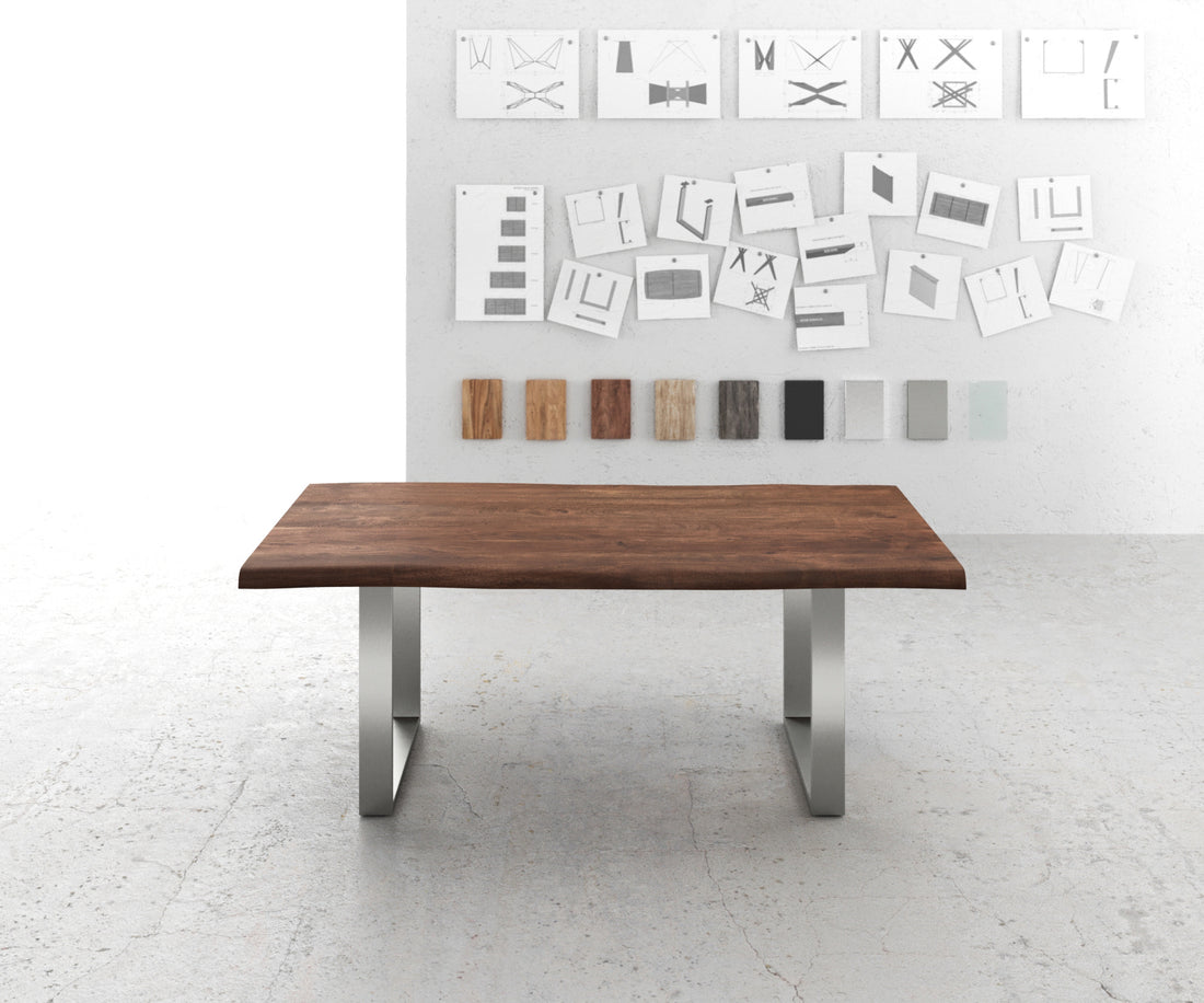 Dining Table Olympus Live Edge 200cm Acacia Wood Brown Square Frame Slim Steel 55mm Top