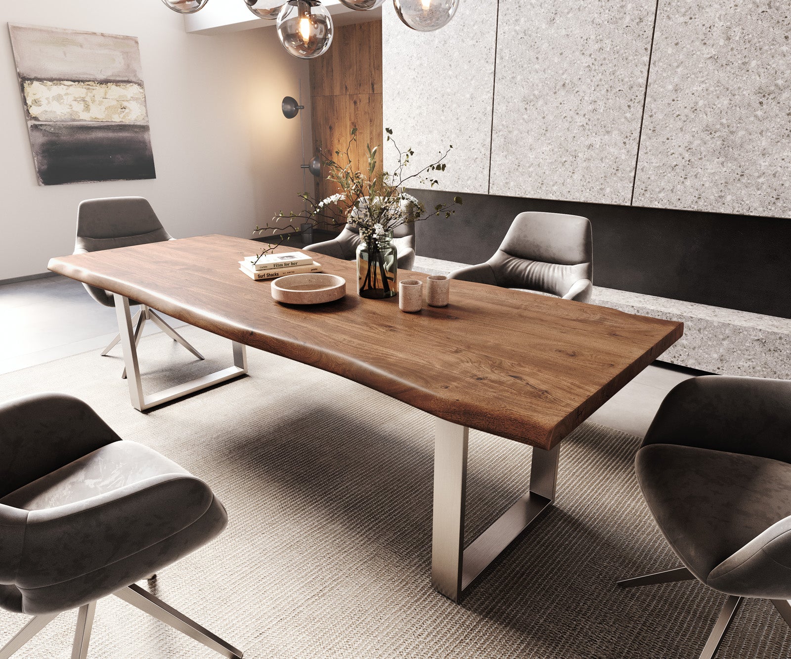 Dining Table Olympus Live Edge 260cm Acacia Wood Brown Square Frame Slim Steel 55mm Top