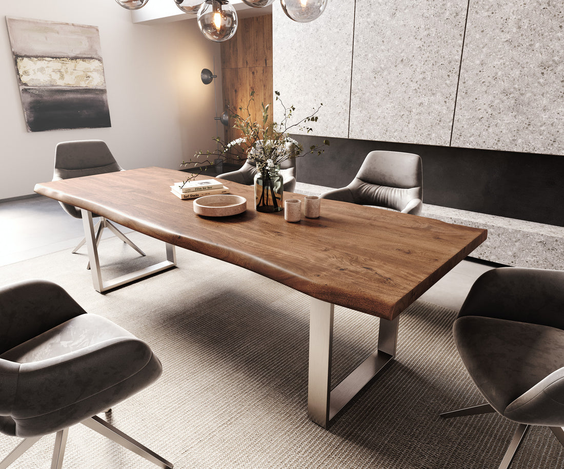 Dining Table Olympus Live Edge 260cm Acacia Wood Brown Square Frame Slim Steel 55mm Top