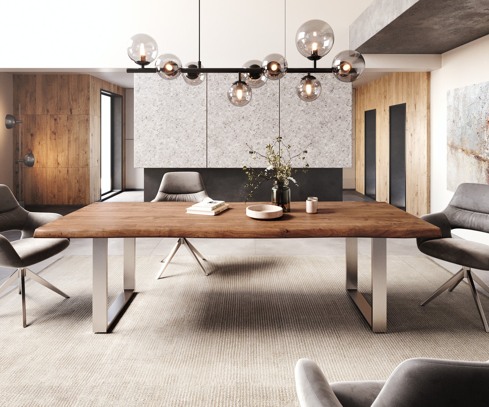 Dining Table Olympus Live Edge 260cm Acacia Wood Brown Square Frame Slim Steel 55mm Top