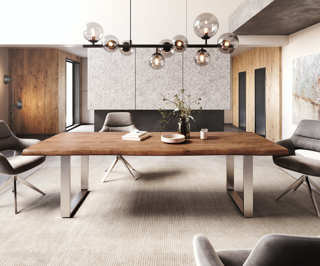 Dining Table Olympus Live Edge 260cm Acacia Wood Brown Square Frame Slim Steel 55mm Top