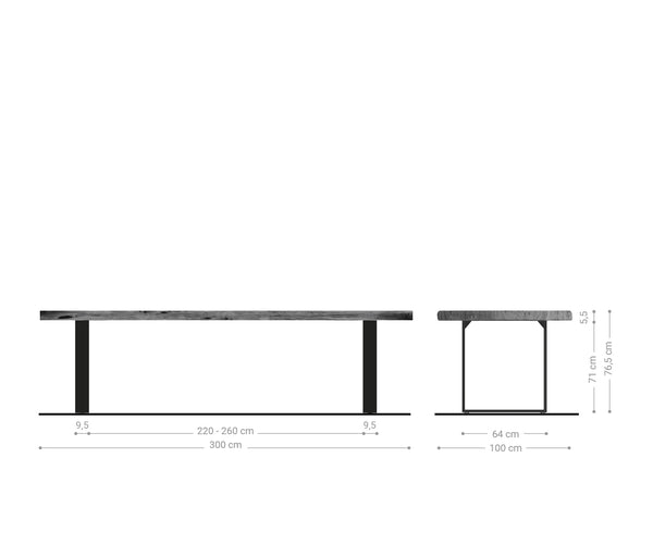 Dining Table Olympus Live Edge 300cm Acacia Wood Brown Square Frame Slim Steel 55mm Top