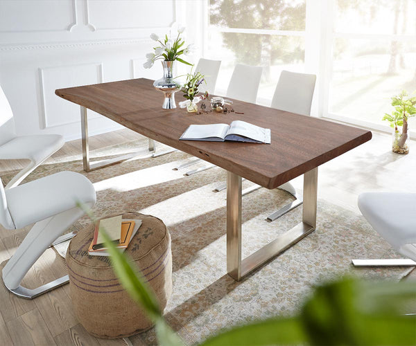 Dining Table Olympus Live Edge Acacia Wood Brown Square Frame Slim Steel 140-300cm