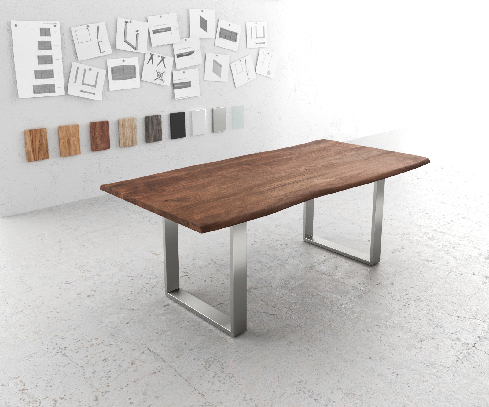 Dining Table Olympus Live Edge Acacia Wood Brown Square Frame Slim Steel 140-300cm
