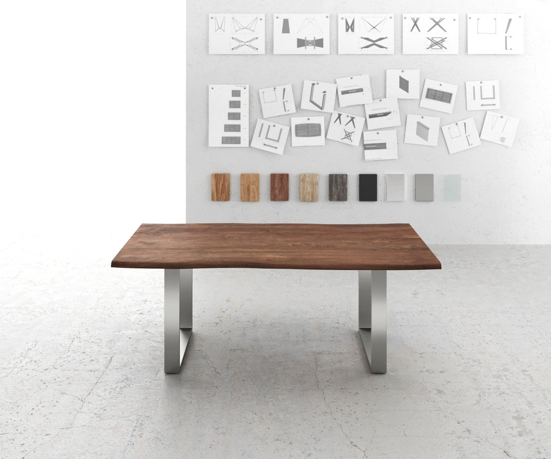 Dining Table Olympus Live Edge 200cm Acacia Wood Brown Square Frame Slim Steel 35mm Top