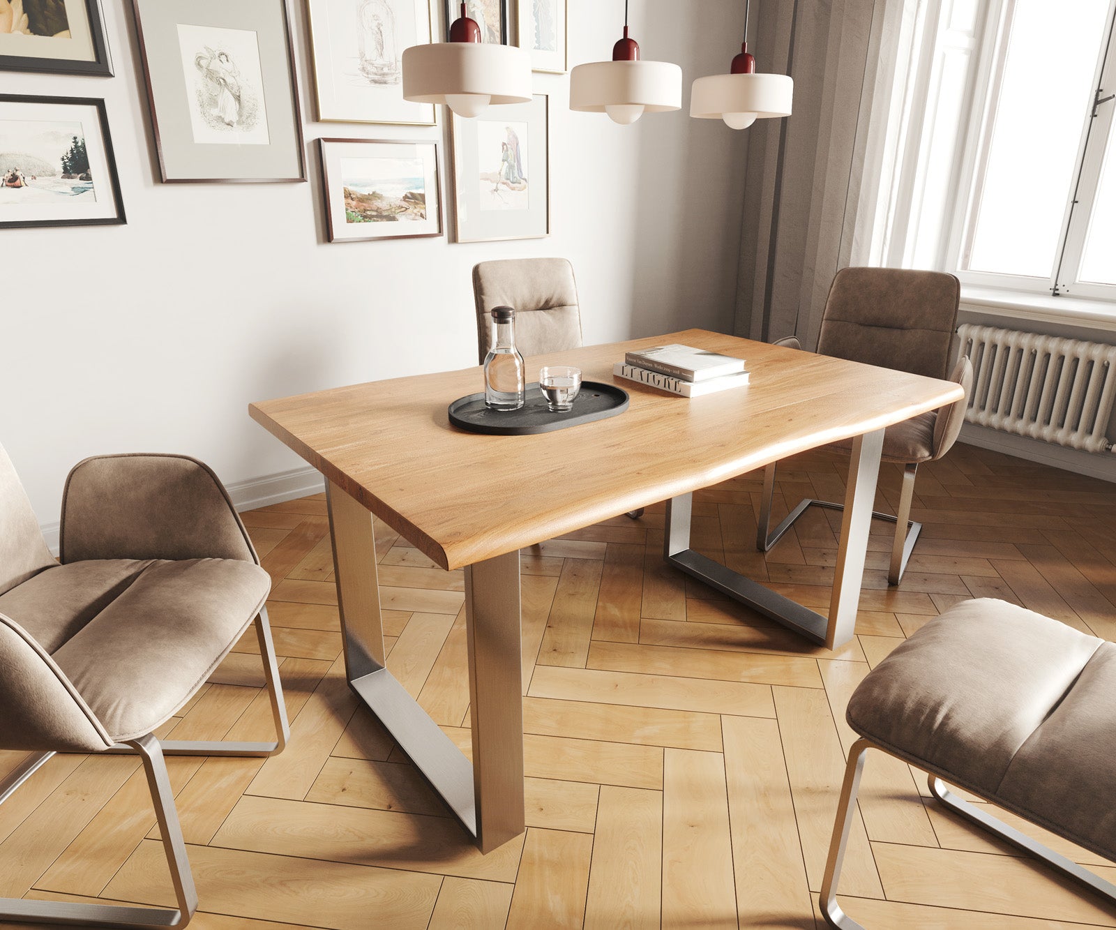 Dining Table Olympus Live Edge 140cm Acacia Wood Natural Square Frame Slim Steel 35mm Top