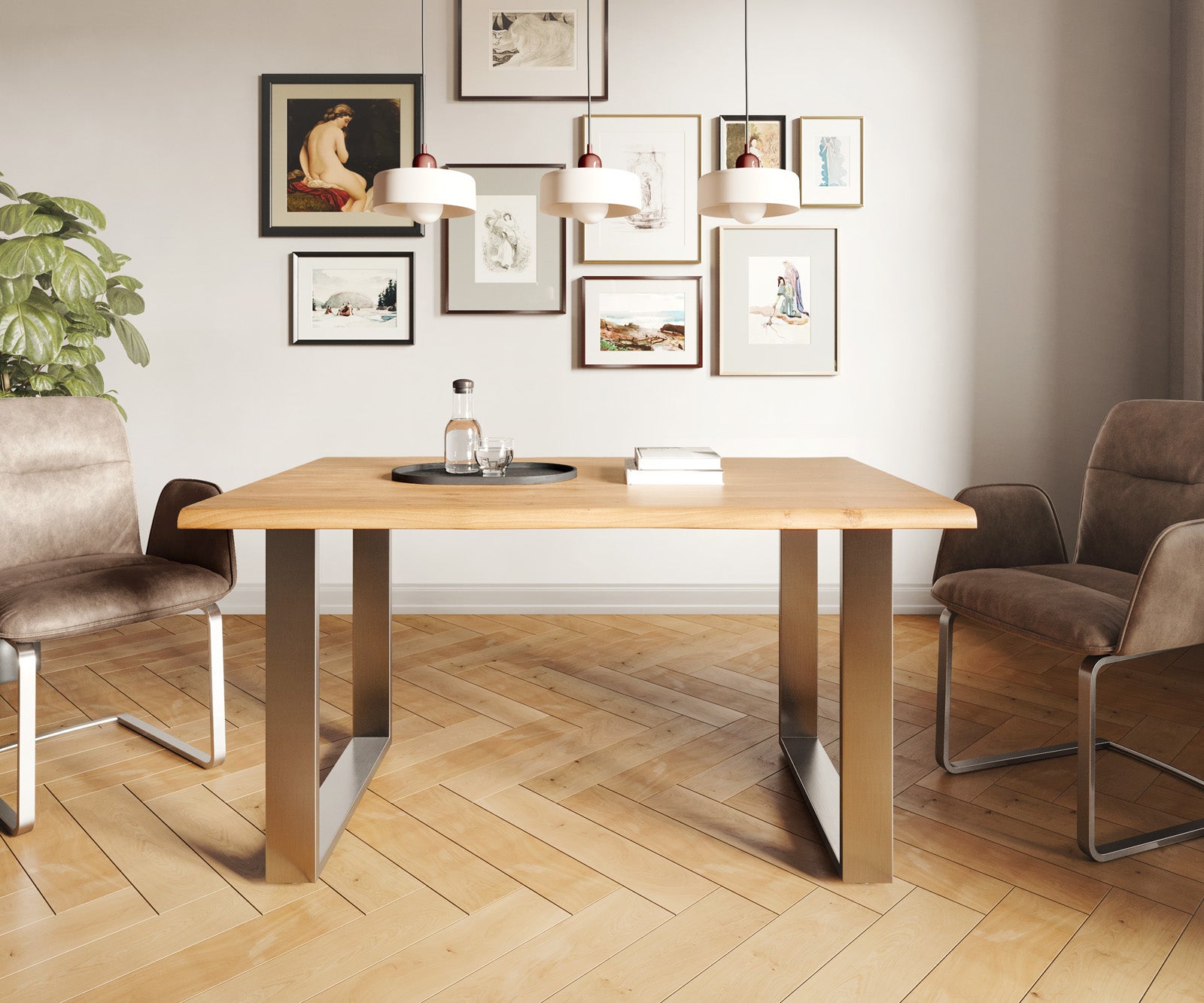 Dining Table Olympus Live Edge 140cm Acacia Wood Natural Square Frame Slim Steel 35mm Top