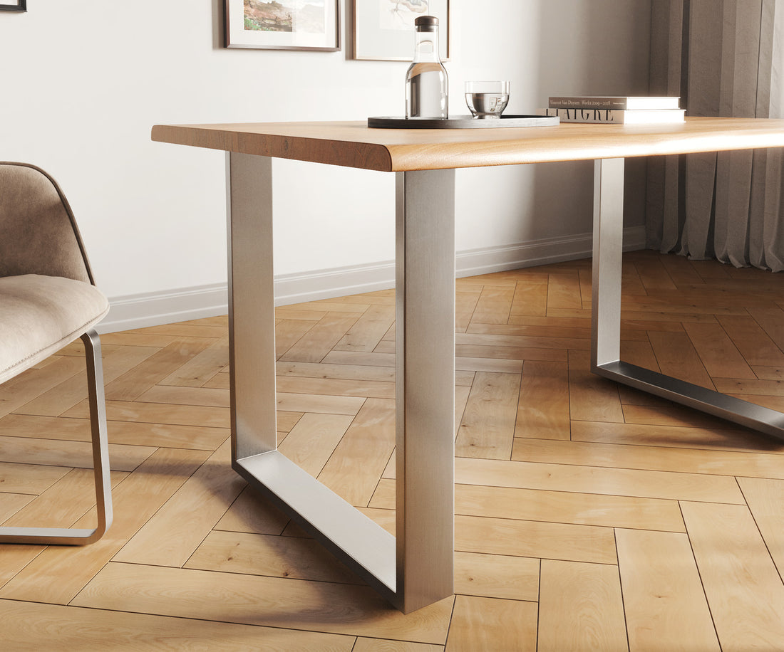 Dining Table Olympus Live Edge 140cm Acacia Wood Natural Square Frame Slim Steel 35mm Top