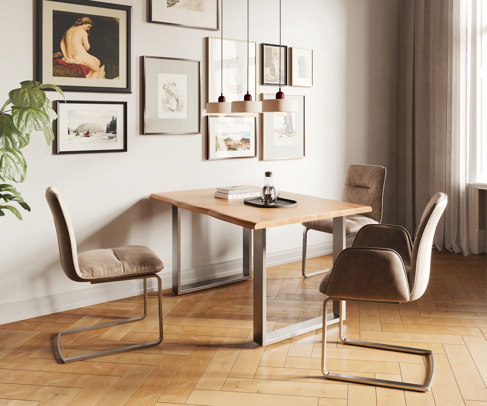 Dining Table Olympus Live Edge 140cm Acacia Wood Natural Square Frame Slim Steel 35mm Top