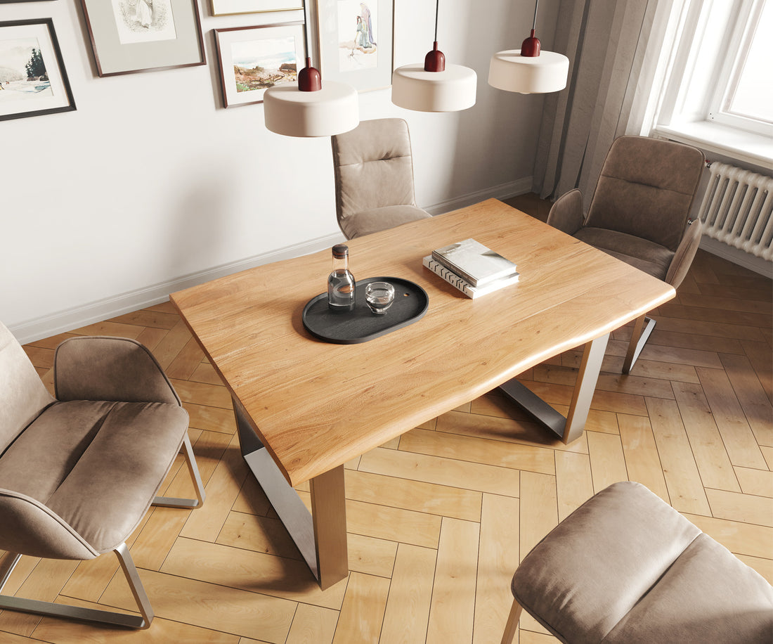 Dining Table Olympus Live Edge 140cm Acacia Wood Natural Square Frame Slim Steel 35mm Top