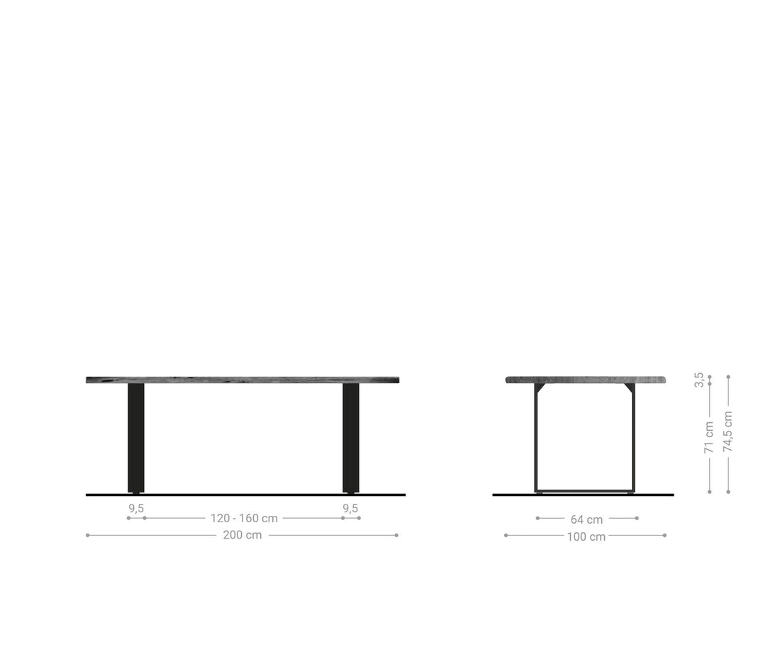 Dining Table Olympus Live Edge 200cm Acacia Wood Natural Square Frame Slim Steel 35mm Top