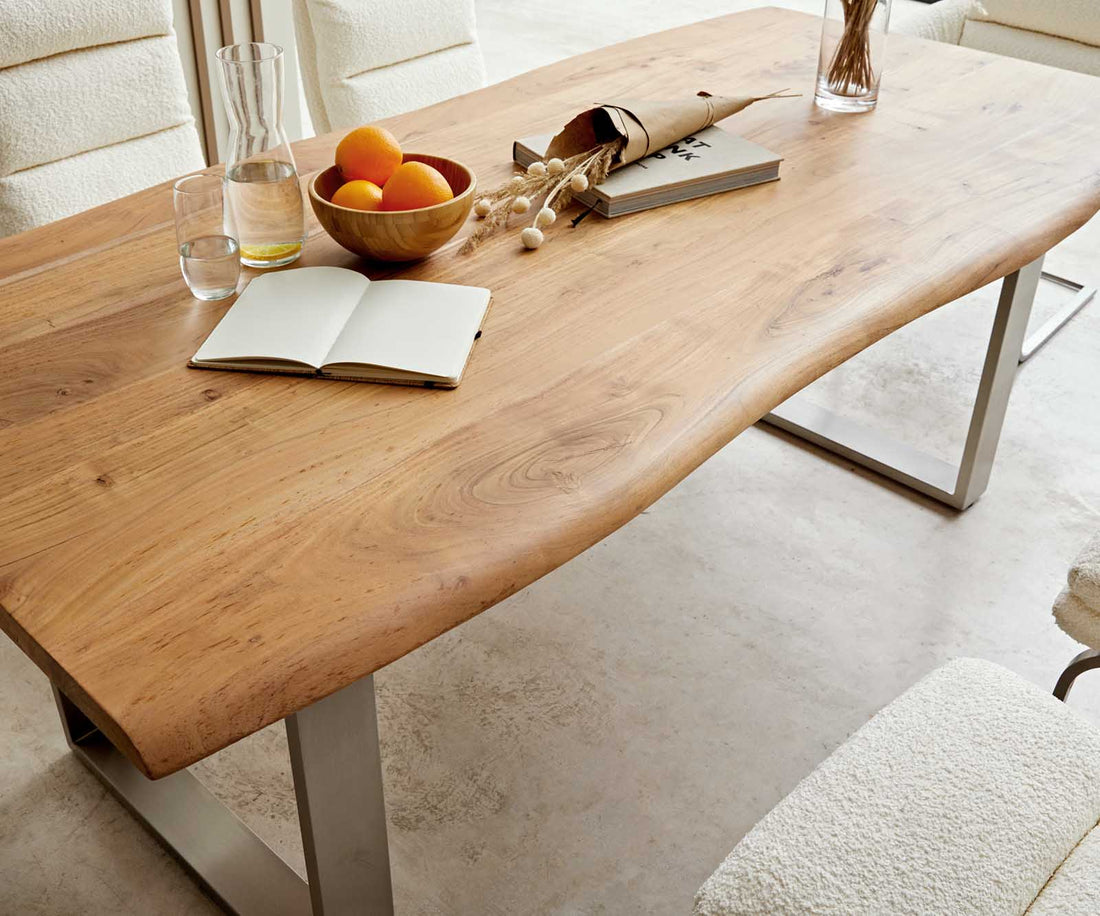 Dining Table Olympus Live Edge 200cm Acacia Wood Natural Square Frame Slim Steel 35mm Top