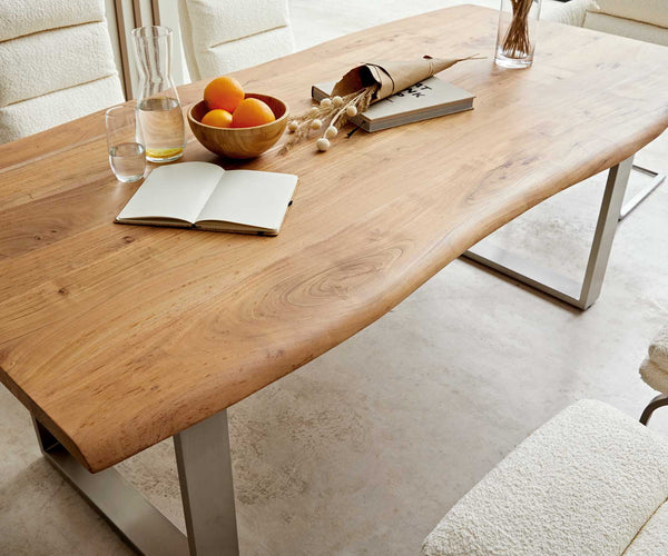 Dining Table Olympus Live Edge 200cm Acacia Wood Natural Square Frame Slim Steel 35mm Top