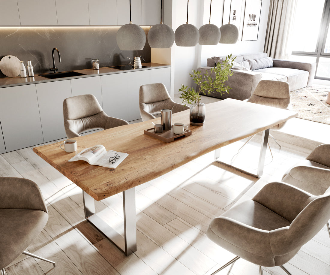 Dining Table Olympus Live Edge 260cm Acacia Wood Natural Square Frame Slim Steel 35mm Top