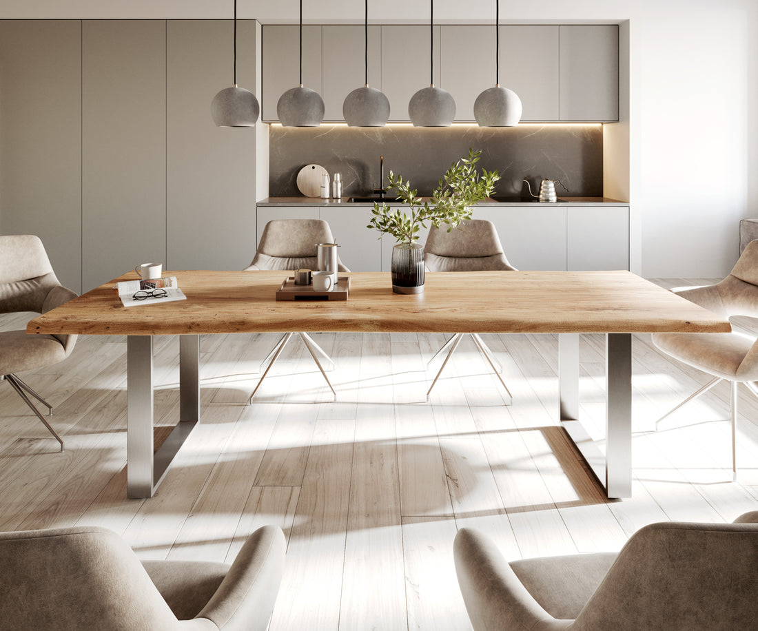 Dining Table Olympus Live Edge 260cm Acacia Wood Natural Square Frame Slim Steel 35mm Top