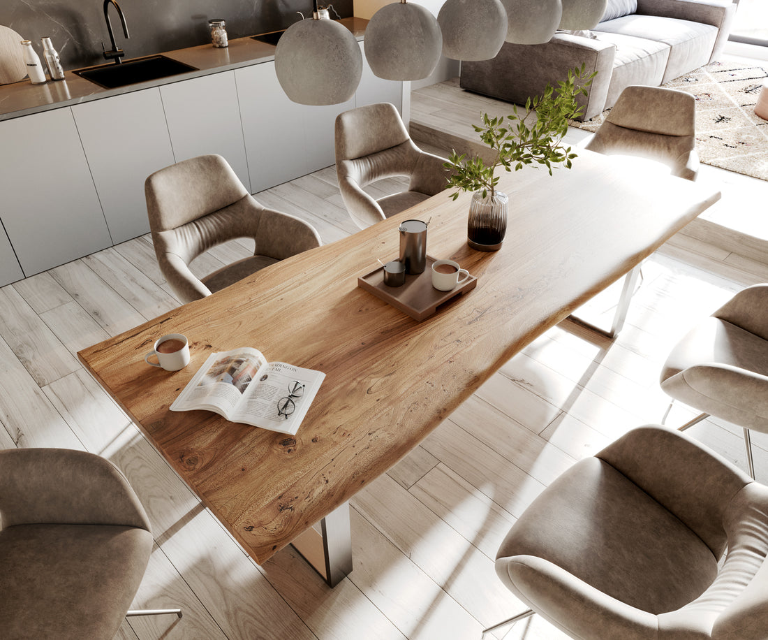 Dining Table Olympus Live Edge 260cm Acacia Wood Natural Square Frame Slim Steel 35mm Top